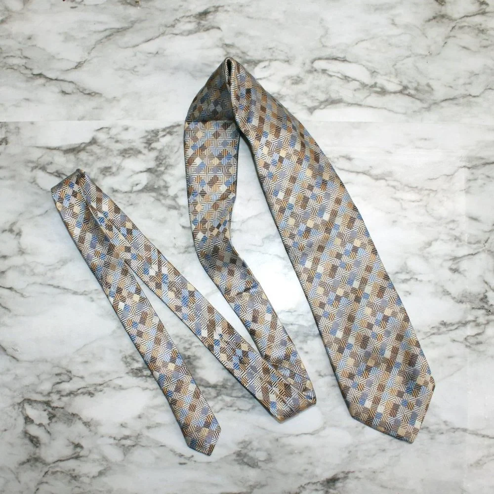 VALERIO GARATI Neck Tie Classic Patchwork Squares Neutral Tan Blue Silk Necktie